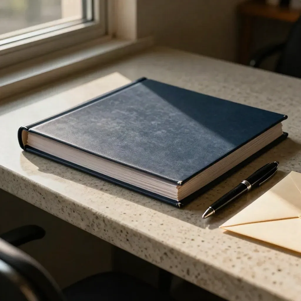 Closed HR case file, sealed envelope, clip and pen on a sunlit stone ledge.