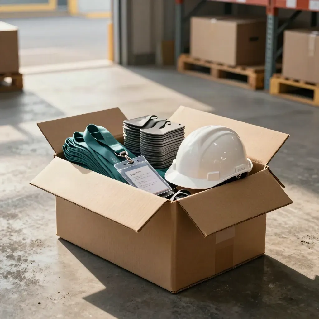 Open warehouse starter box with lanyards, badge holders, hard hats and boot covers on concrete