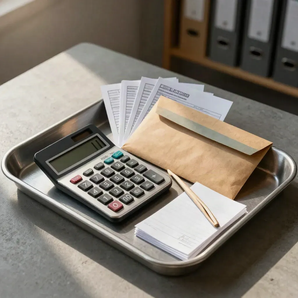 Payroll correction tray with calculator, bank envelope and clipped adjustment cards on concrete.