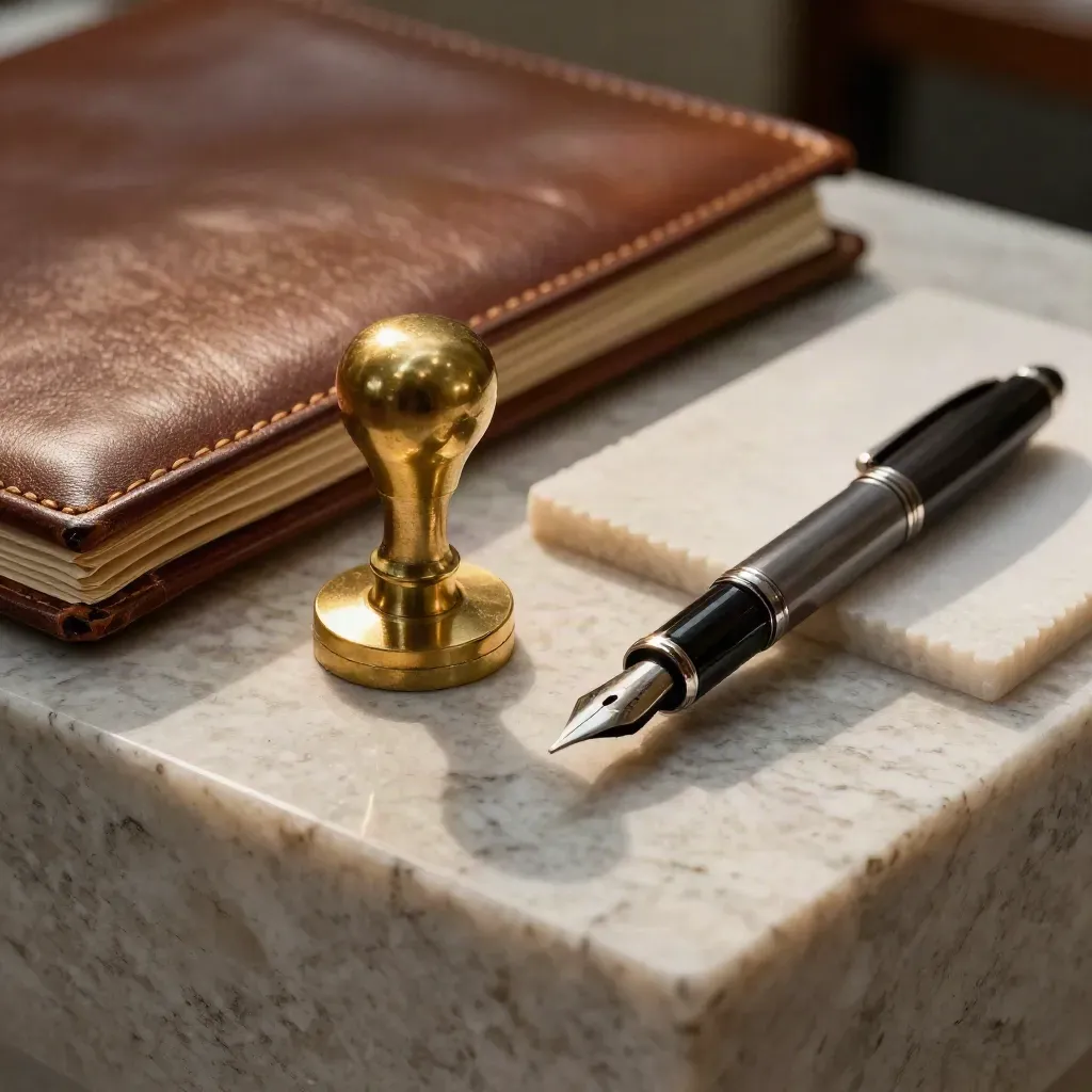 Brass seal stamp, policy folder, pen and stone blotter on travertine in dramatic light.