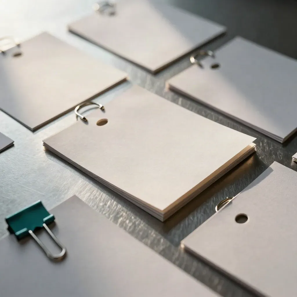 Overhead macro of blank interview score cards, paper clips and a slim folder on brushed metal.