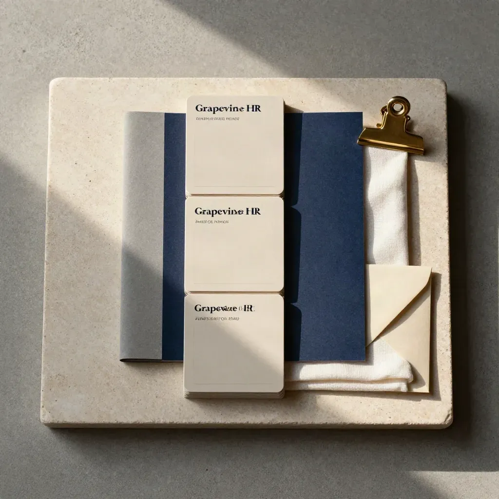 Overhead still life of HR plan cards, folder, envelope, clip and linen cloth on a stone tray.