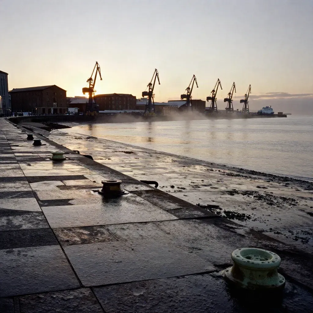 Liverpool docks and Mersey haze at dusk with a calm stone quay foreground